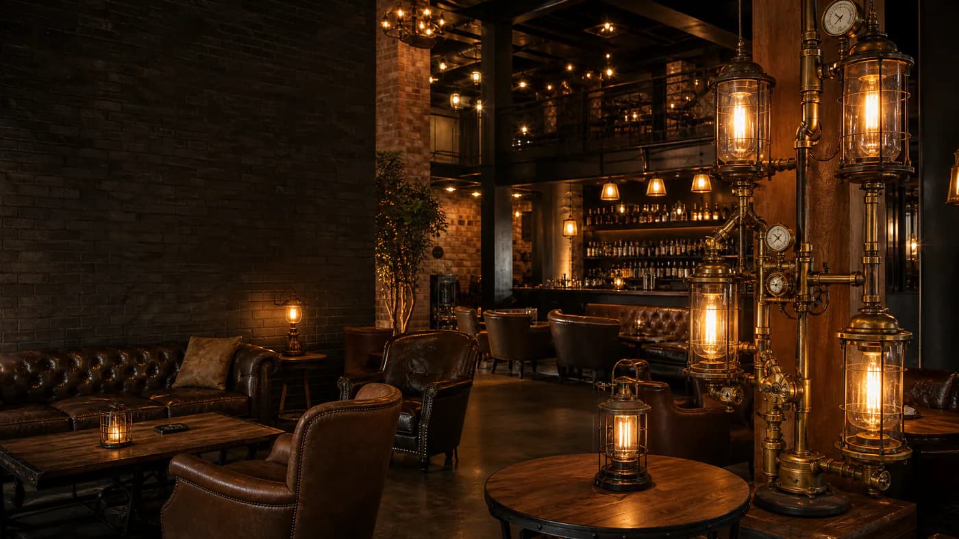 Hospitality interior with warm steampunk lighting